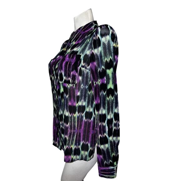 Nanette Lepore L'AMOUR Top Sz L Black Purple Green Button LS Keyhole Back Blouse - Picture 4 of 6